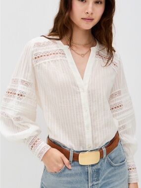 Ann Taylor Ivory Lace-Insert Button Down Blouse